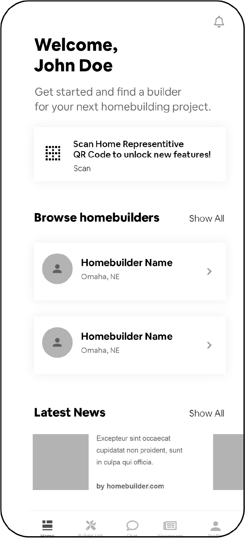 A black and white wireframe of the Builtzer mobile app. This wireframe shows the home screen of Builtzer. It welcomes the user, allows the user to browse homebuilders, and shows the latest news.