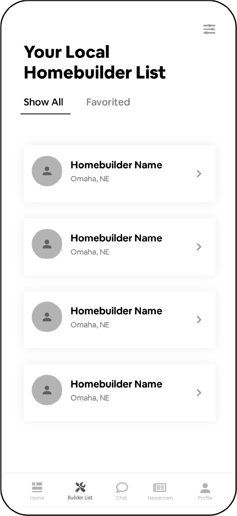 A black and white wireframe of the Builtzer mobile app. This wireframe shows a local homebuilders list.